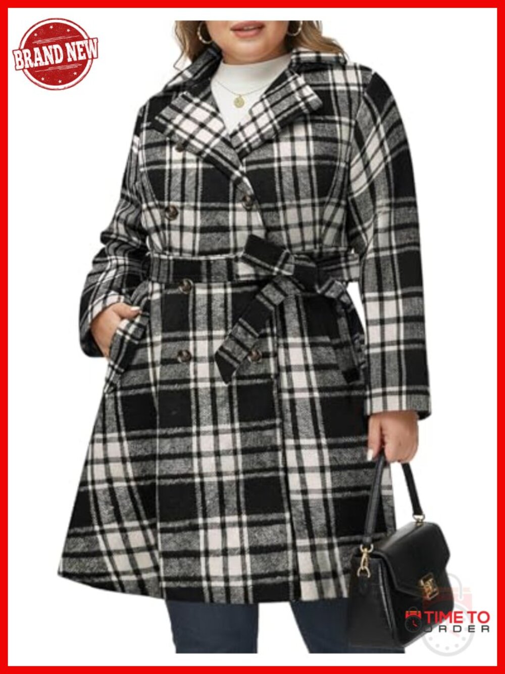 Womens Plus Size Wool Blend Double Breasted Peacoat Winter Coat with Belt